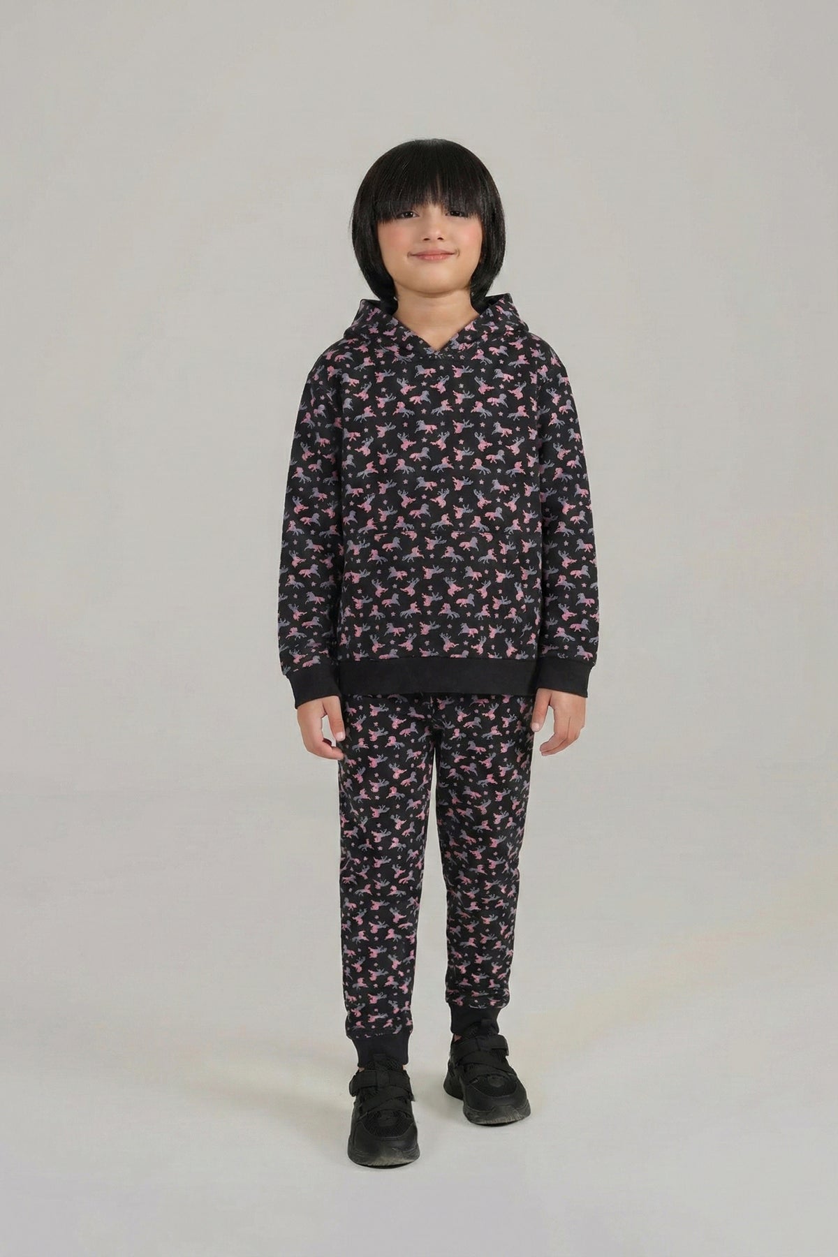 Boys Unicorn Print Hoodie &amp; Joggers Set – Black &amp; Pink