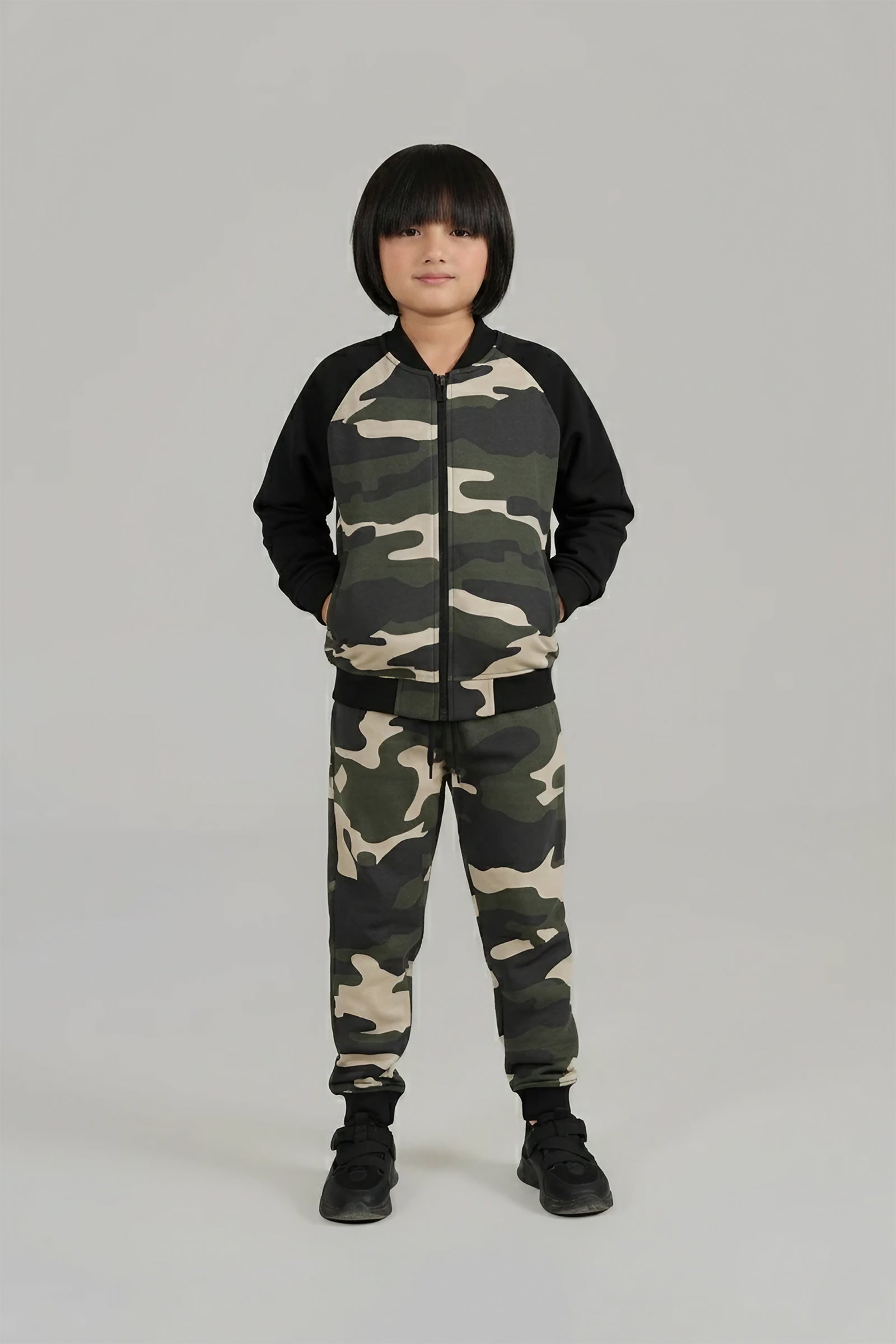Boys Camo Zip-Up Tracksuit – Army Green & Black