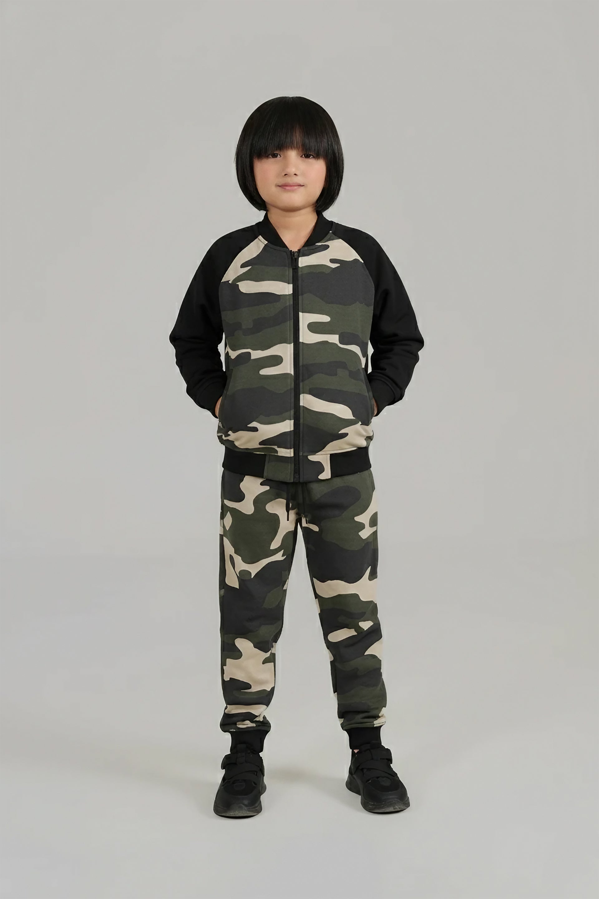 Boys Camo Zip-Up Tracksuit – Army Green & Black