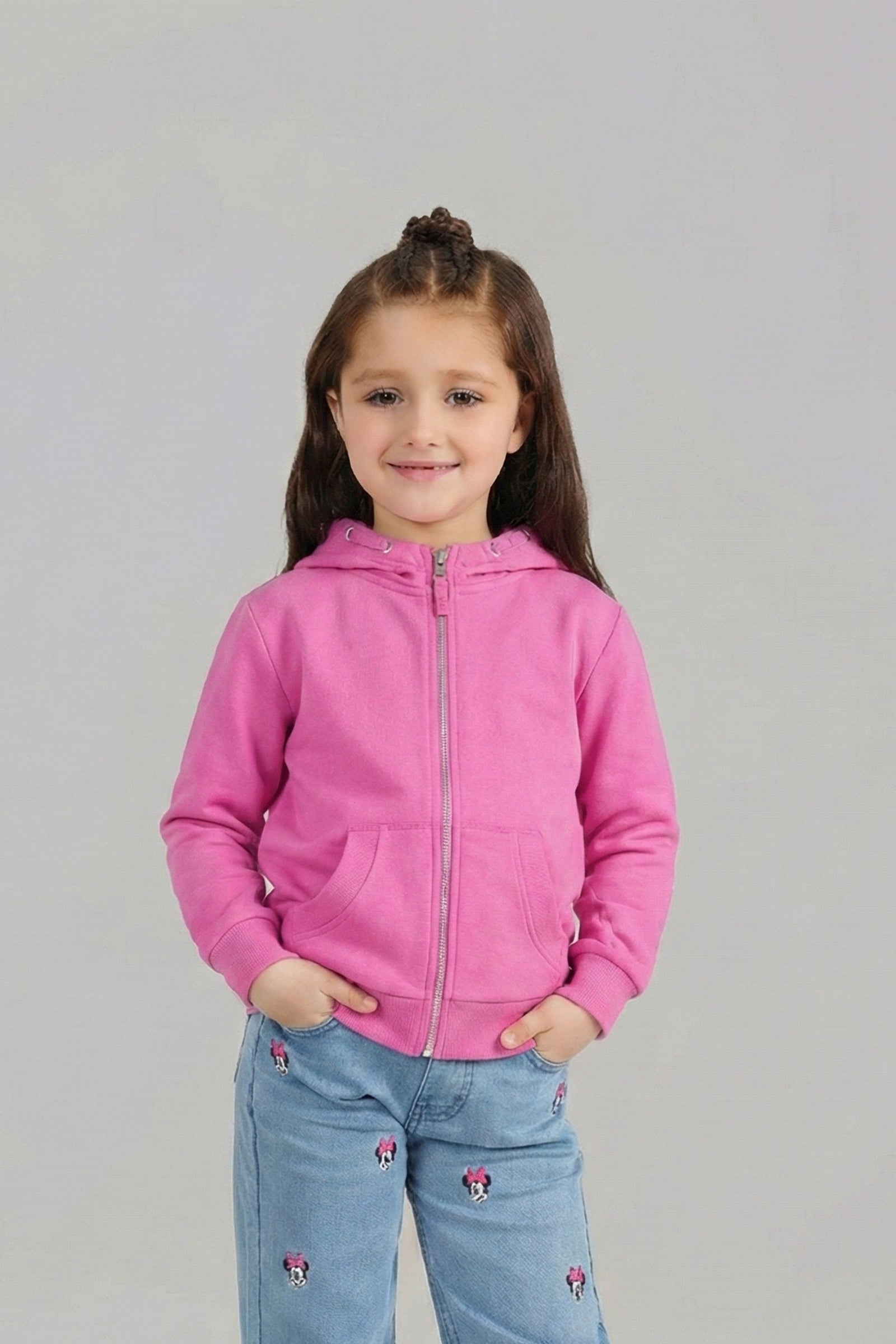 Bright Pink Full-Zip Hoodie with Kangaroo Pockets For girls