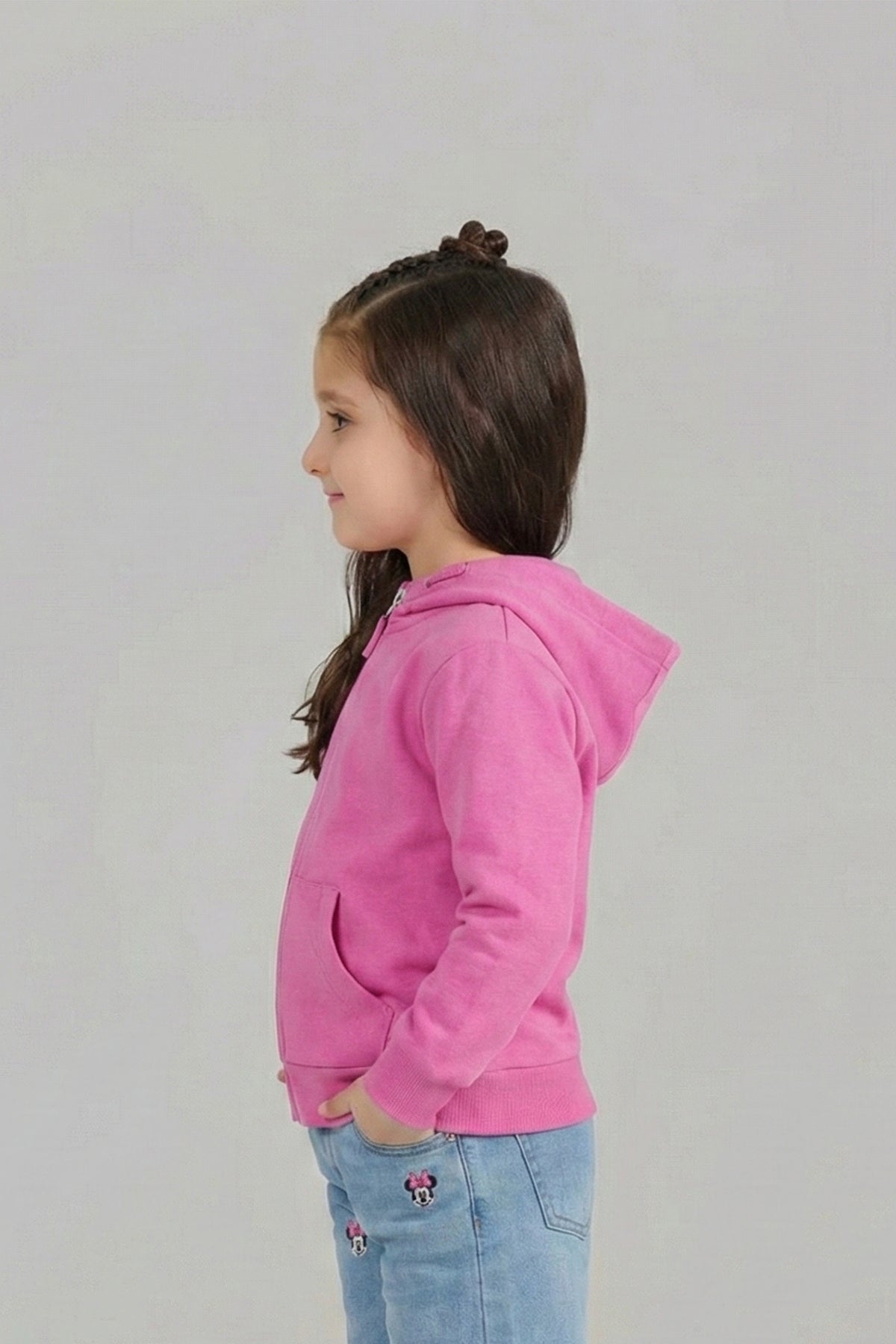 Bright Pink Full-Zip Hoodie with Kangaroo Pockets For girls