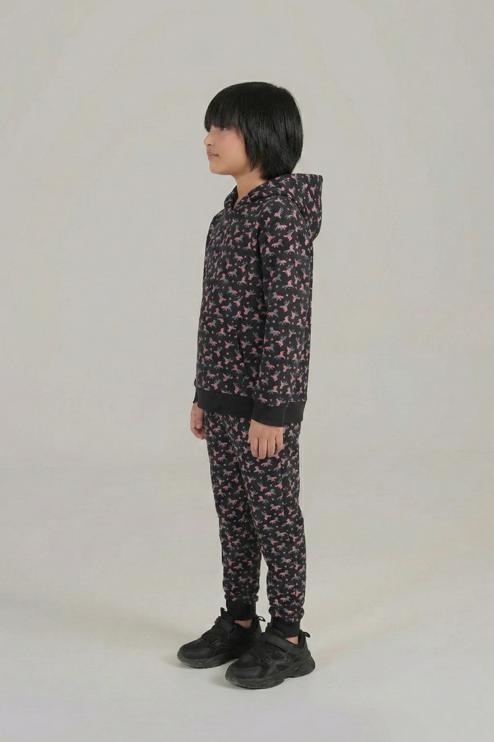 Boys Unicorn Print Hoodie & Joggers Set – Black & Pink
