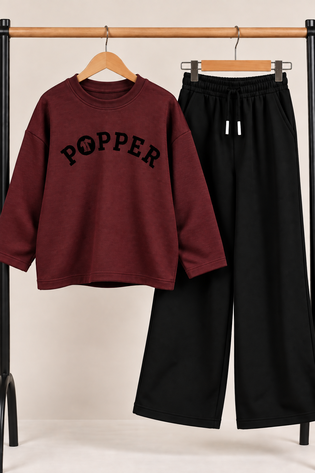 Girls Maroon POPPER Printed Sweatshirt & Black Wide-Leg Trouser Set