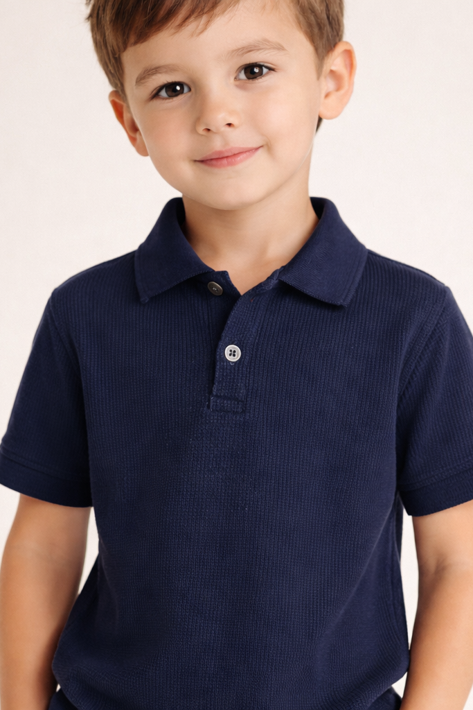 Kids Navy Blue Textured Polo Shirt – Soft Cotton Summer Wear