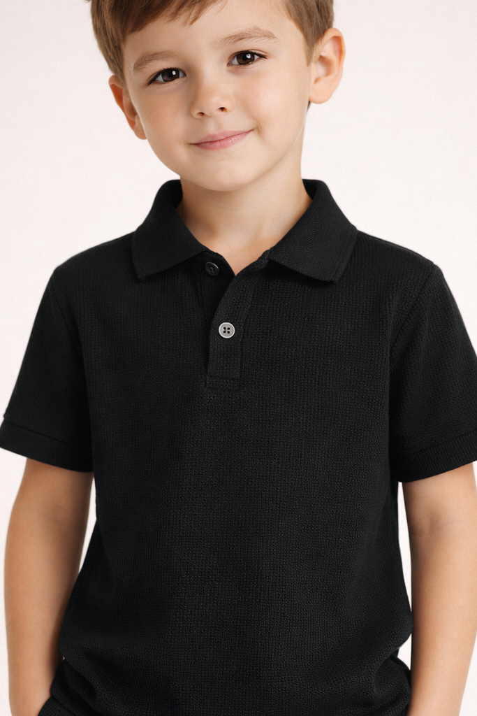 Kids Black Classic Polo Shirt With Shorts