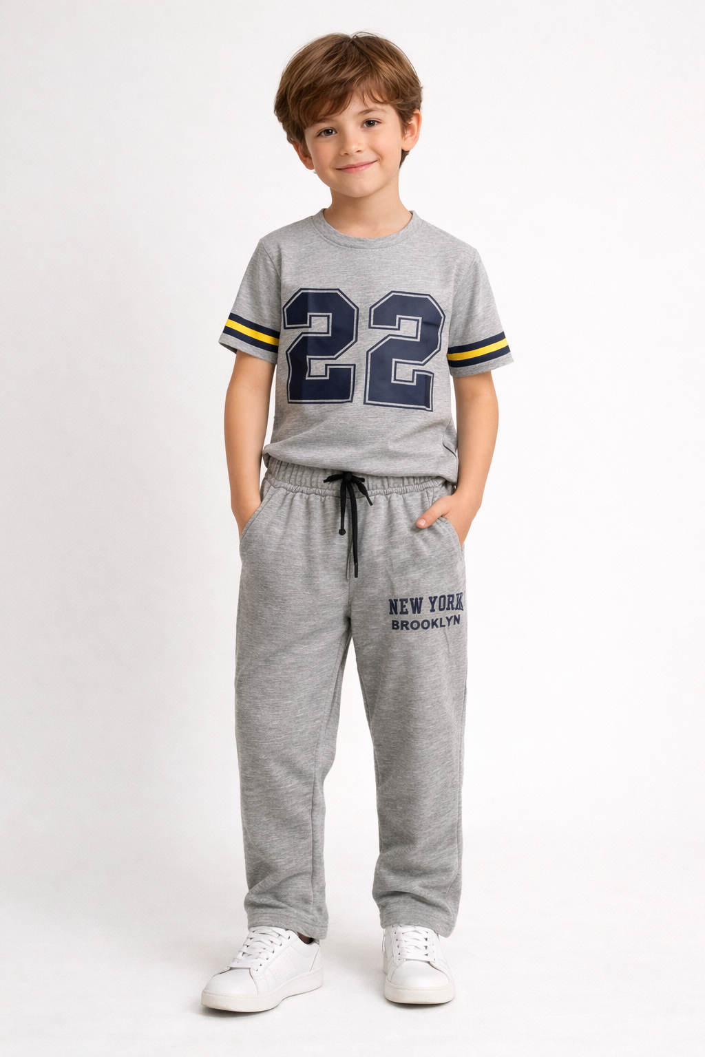 Boys Grey “22” Printed T-Shirt & Jogger Set – New York Brooklyn Tracksuit