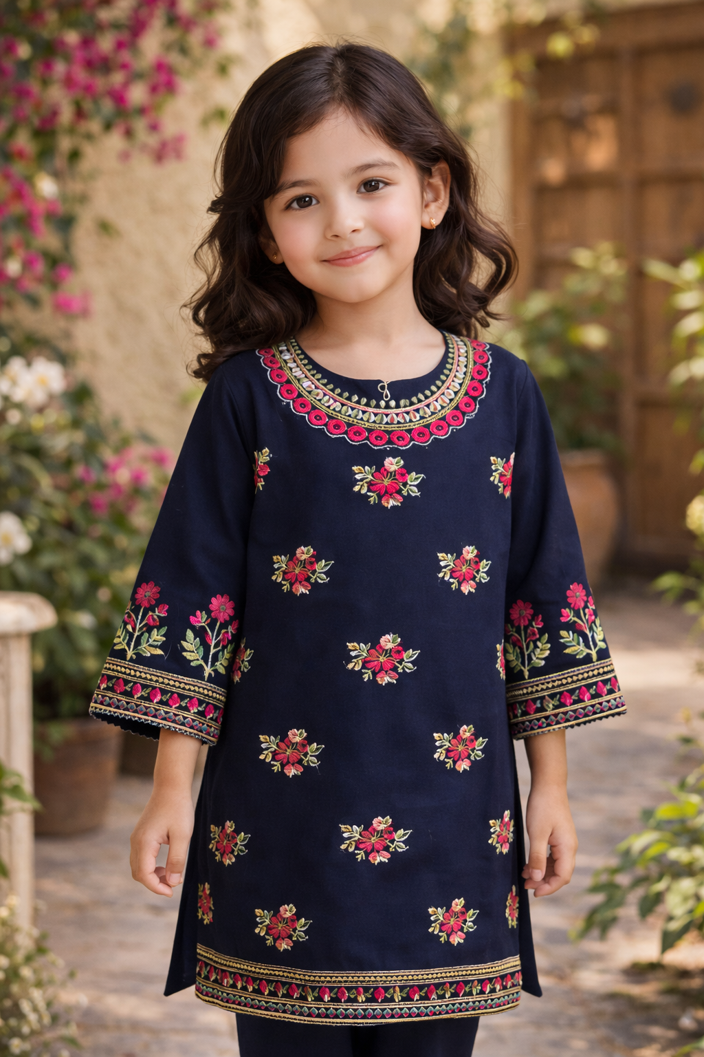 Navy Blue Embroidered Girls Kurti Set with Trouser