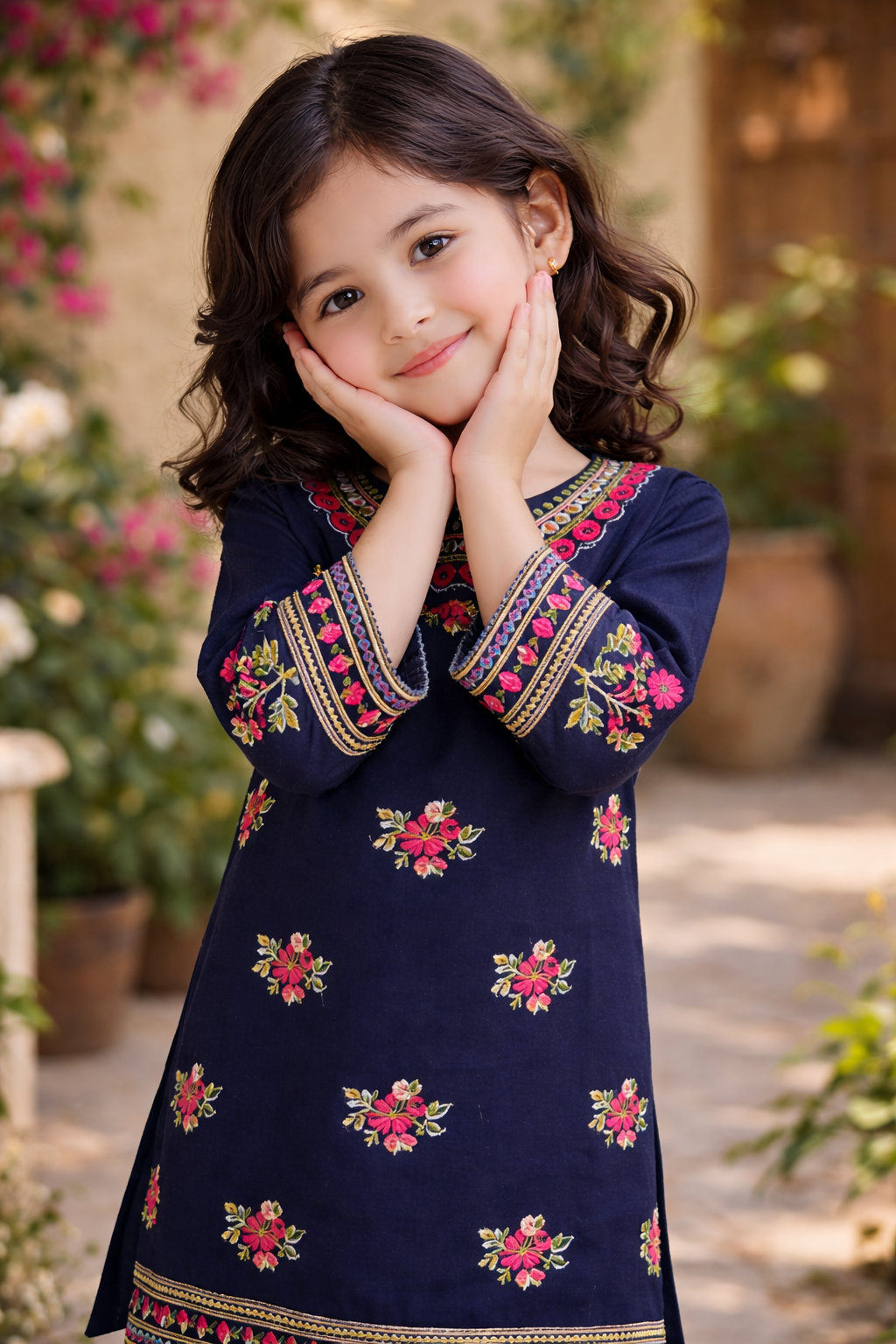 Navy Blue Embroidered Girls Kurti Set with Trouser