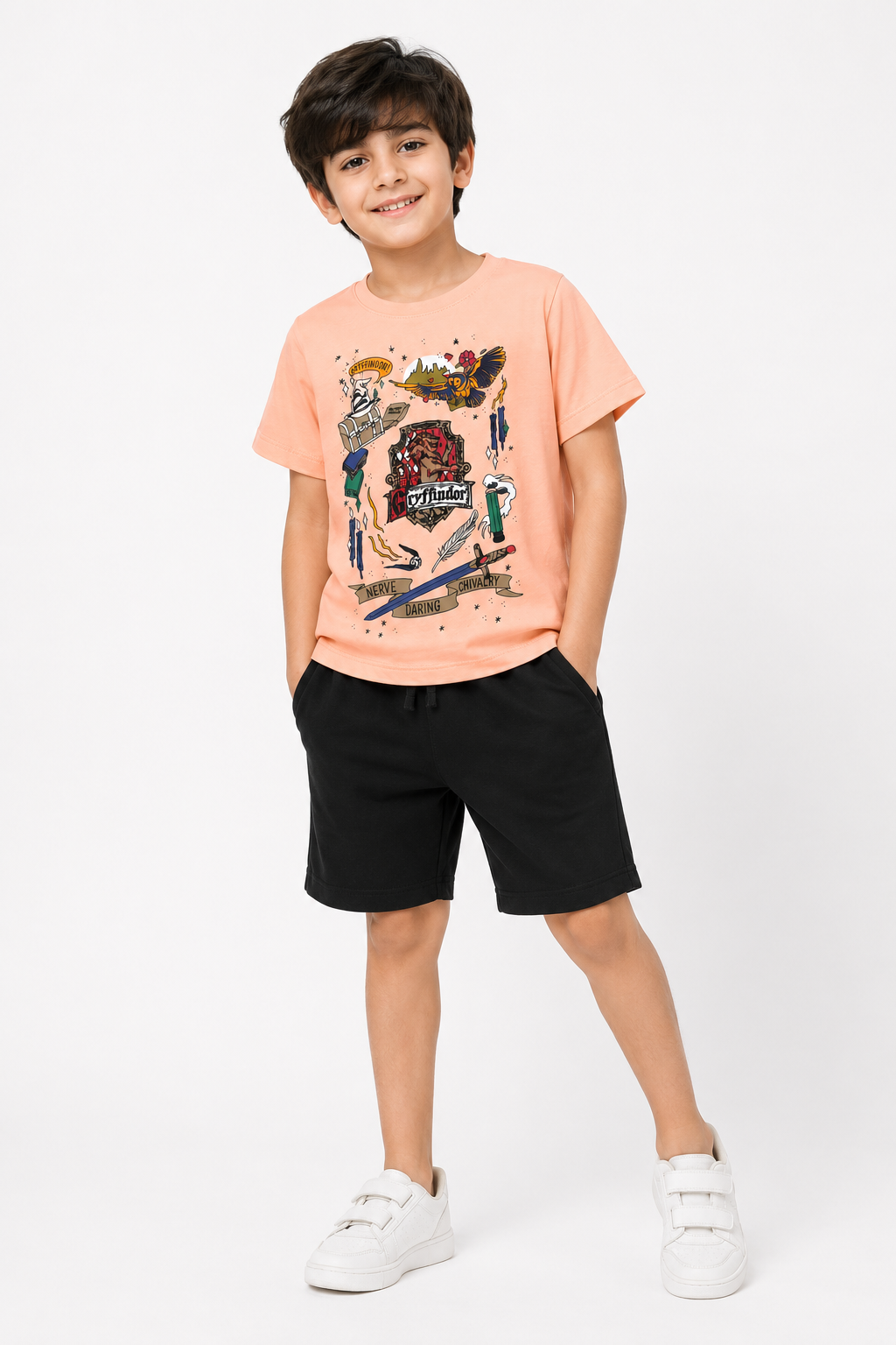 Gryffindor Printed T-Shirt with Black Jersey Shorts Set for Kids
