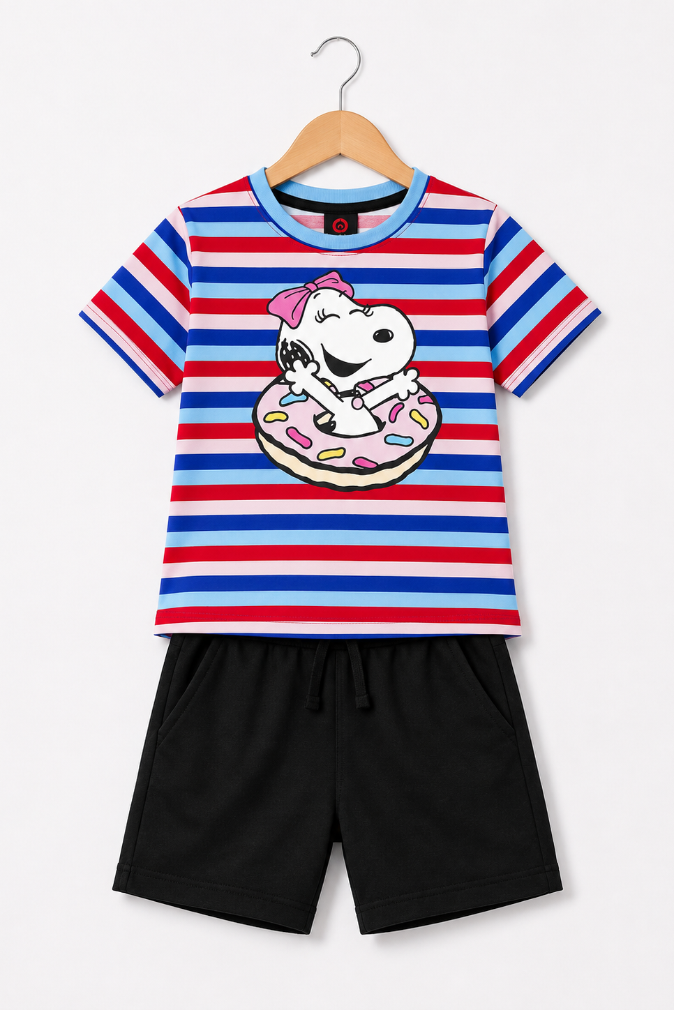 Snoopy Printed Striped T-Shirt with Black Jersey Shorts Set for Kids
