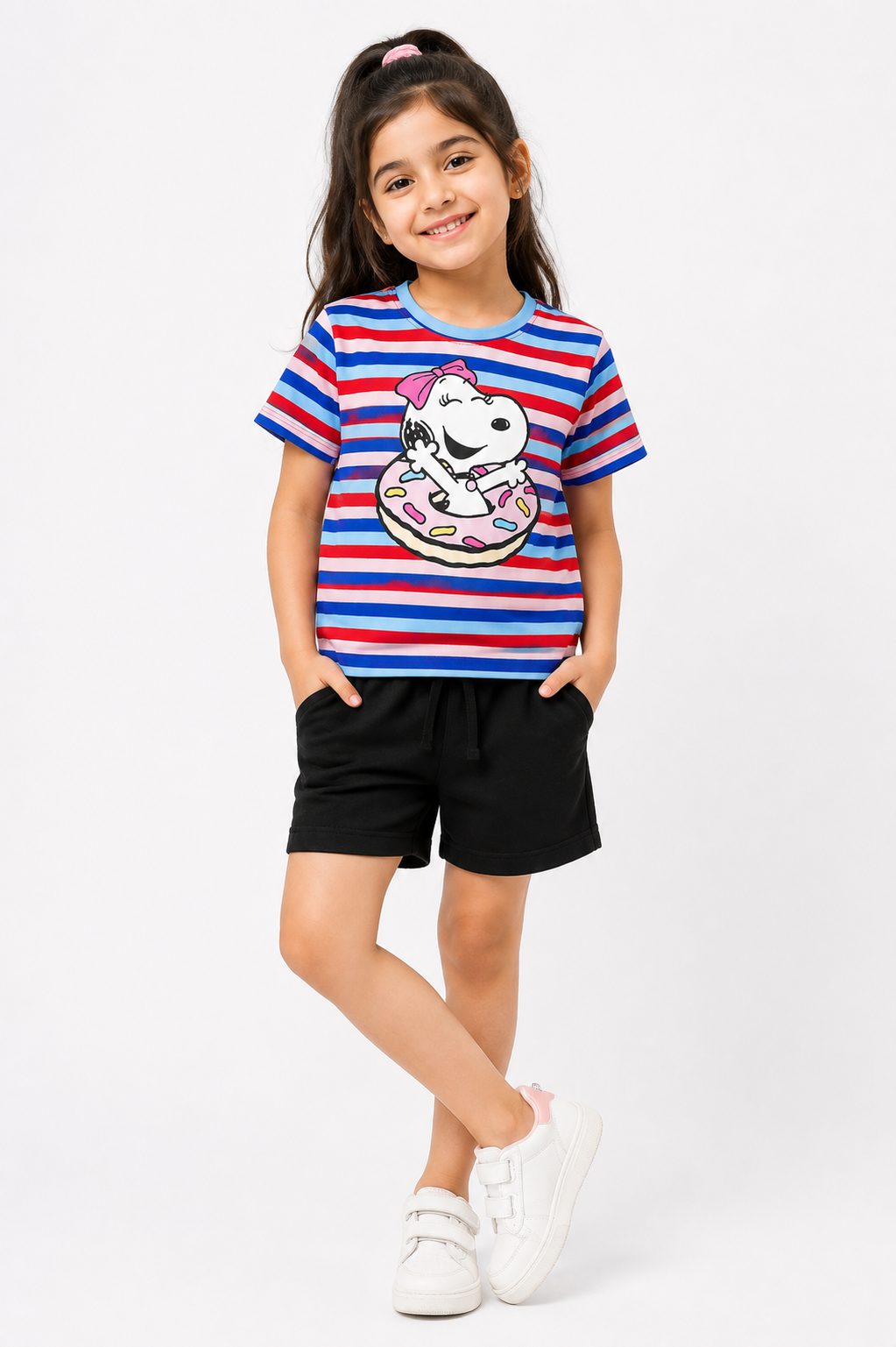 Snoopy Printed Striped T-Shirt with Black Jersey Shorts Set for Kids