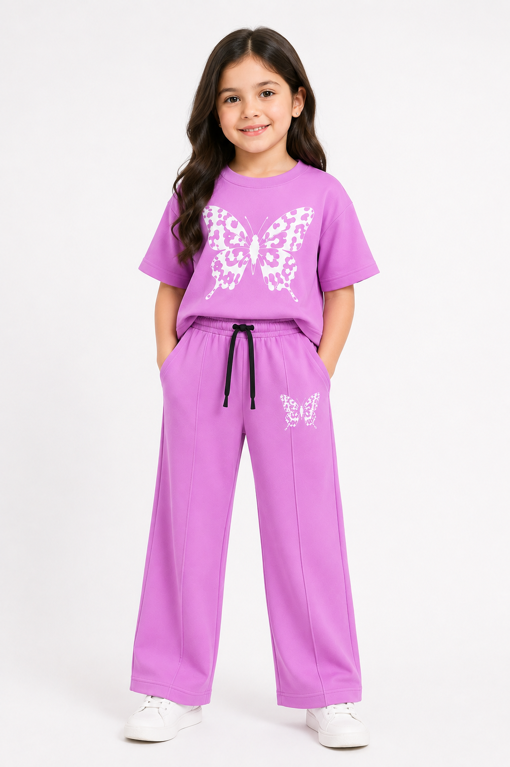 Girls’ Butterfly Oversized T-Shirt & Straight-Leg Trouser Set – Lavender