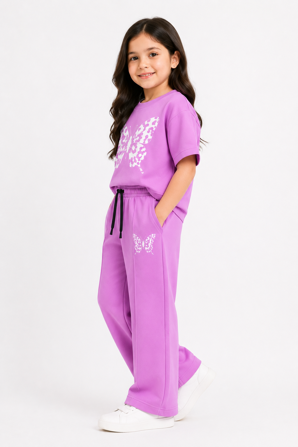 Girls’ Butterfly Oversized T-Shirt & Straight-Leg Trouser Set – Lavender