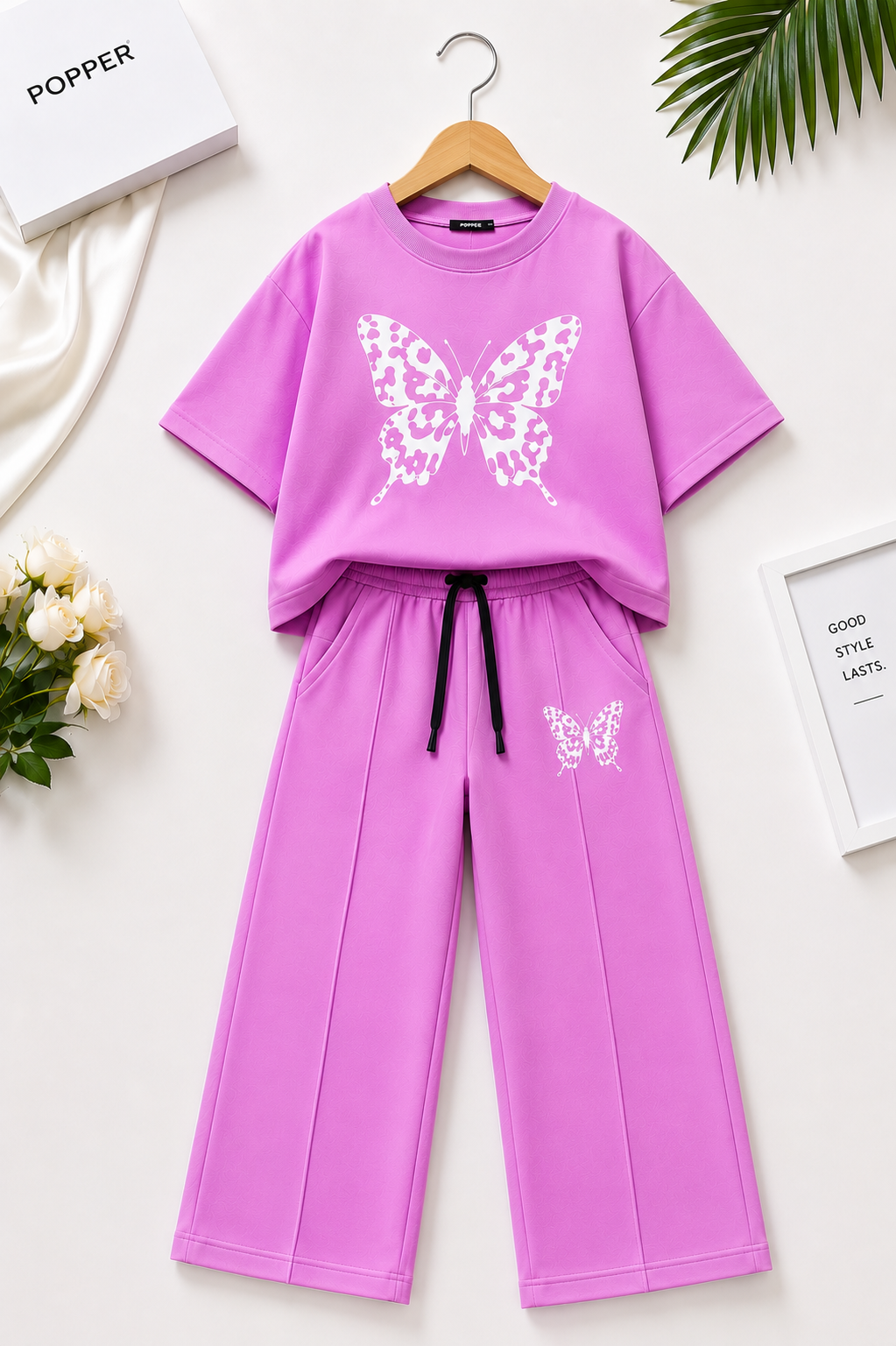 Girls’ Butterfly Oversized T-Shirt &amp; Straight-Leg Trouser Set – Lavender