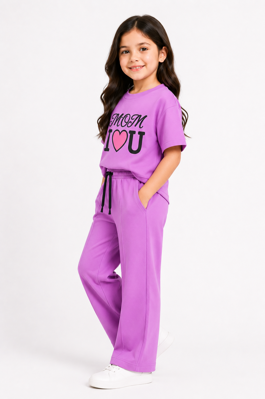 Girls’ MOM I ♥ U Lavender Co-Ord Set