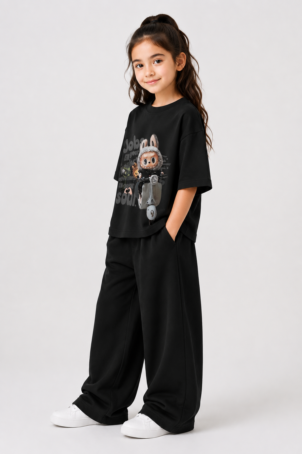 Black Bunny Graphic Drop-Shoulder Co-Ord Set