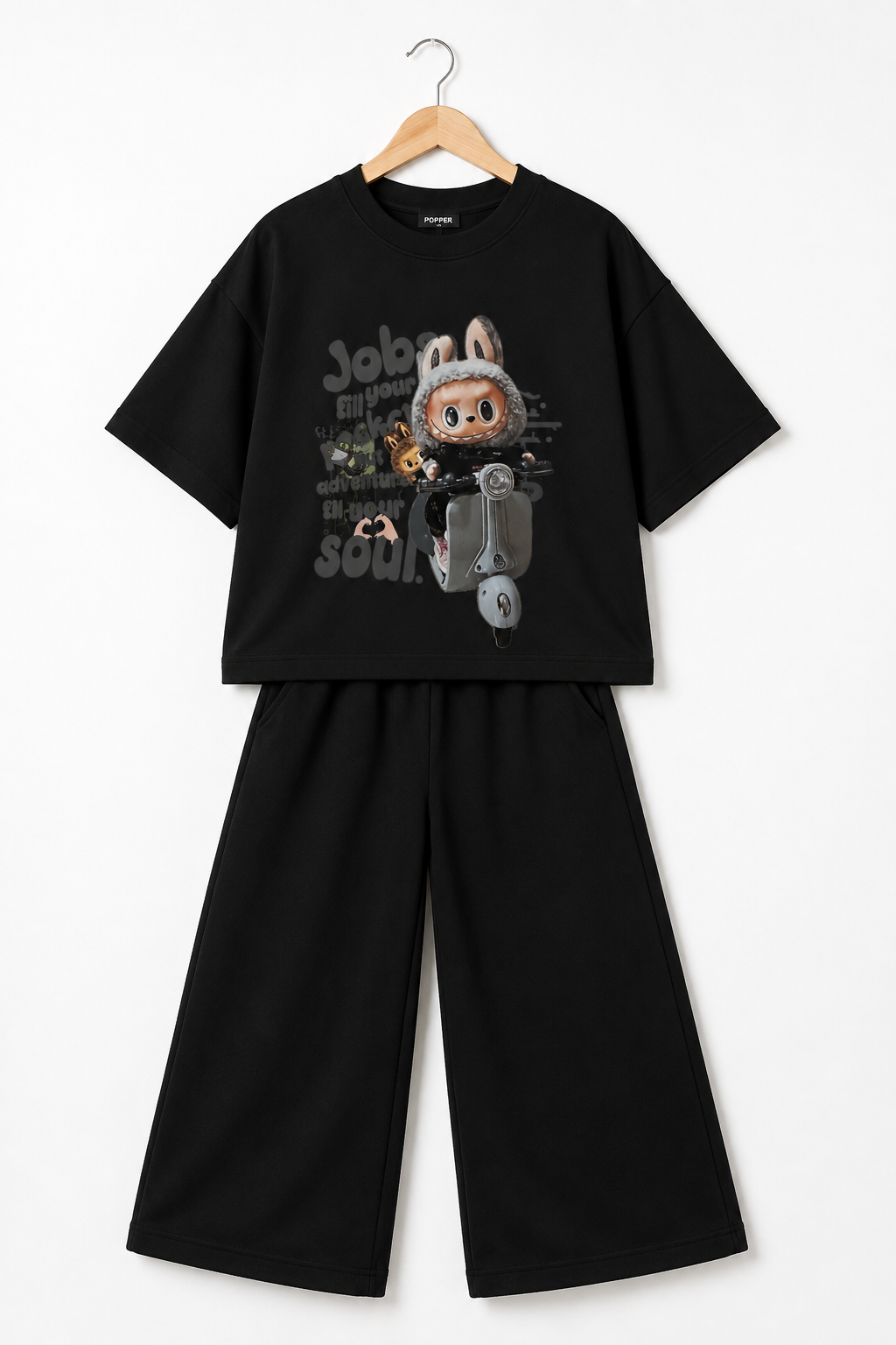 Black Bunny Graphic Drop-Shoulder Co-Ord Set