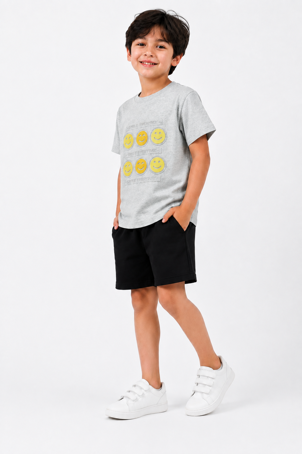 Smile Everyday Embossed T-Shirt with Black Shorts Set