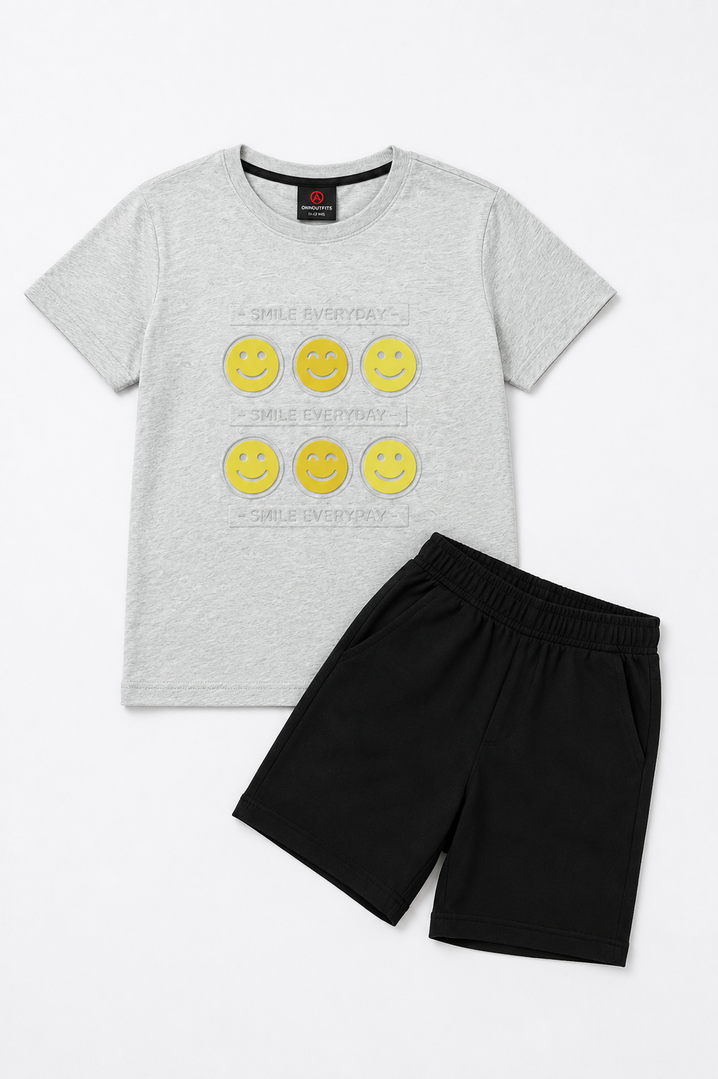 Smile Everyday Embossed T-Shirt with Black Shorts Set