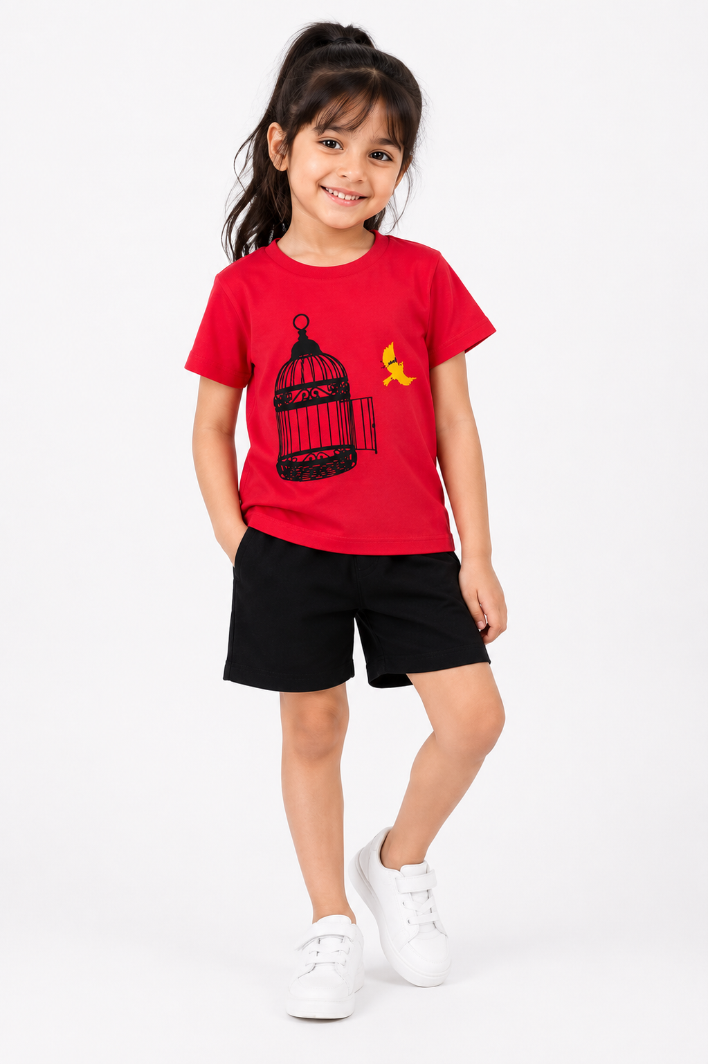 Red Birdcage T-Shirt with Black Shorts Set