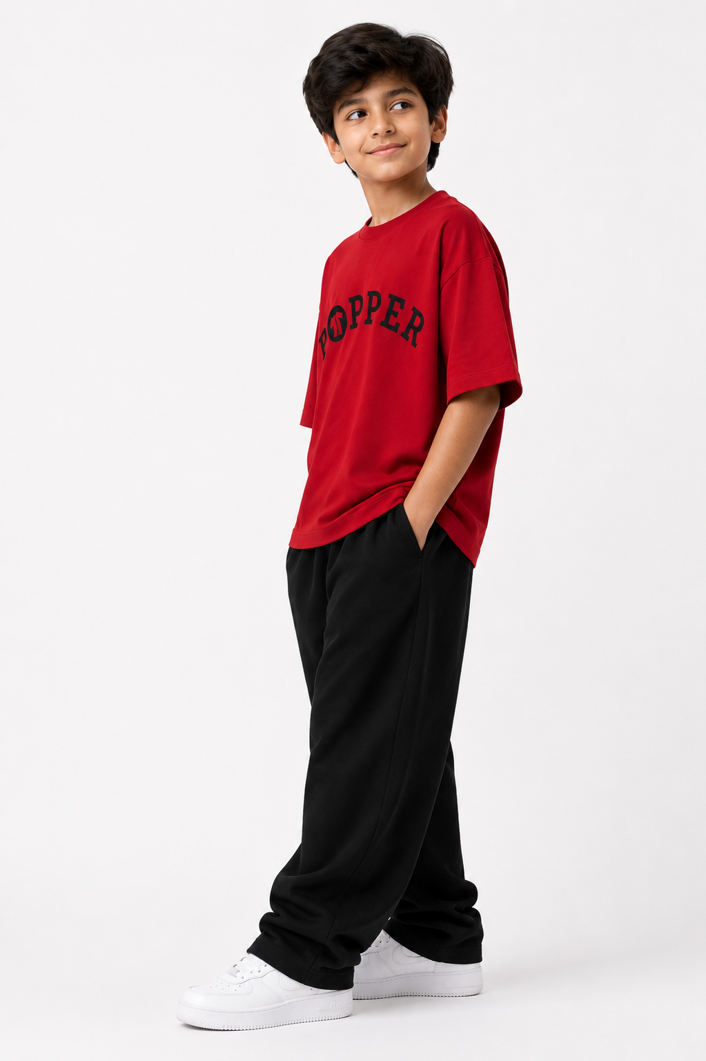 Boys Red Popper Oversized T-Shirt with Black Wide-Leg Pants