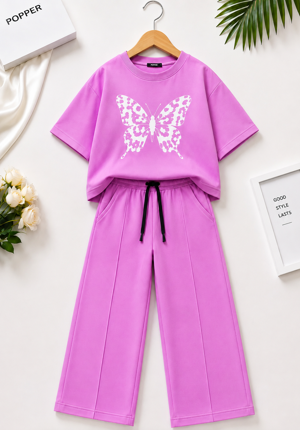 Girls’ Butterfly Oversized T-Shirt &amp; Straight-Leg Trouser Set – Lavender