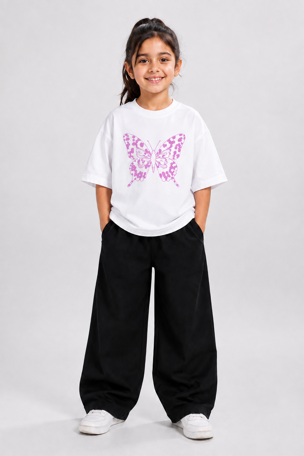 Butterfly Print White T-Shirt & Black Baggy Pants Set