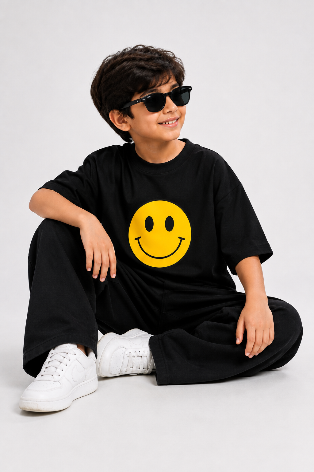 Smiley Face Black Drop-Shoulder T-Shirt &amp; Baggy Pants Set