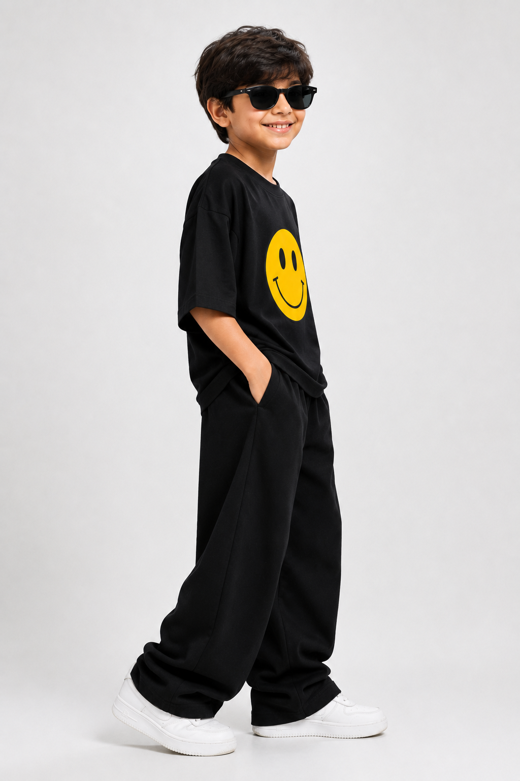 Smiley Face Black Drop-Shoulder T-Shirt &amp; Baggy Pants Set