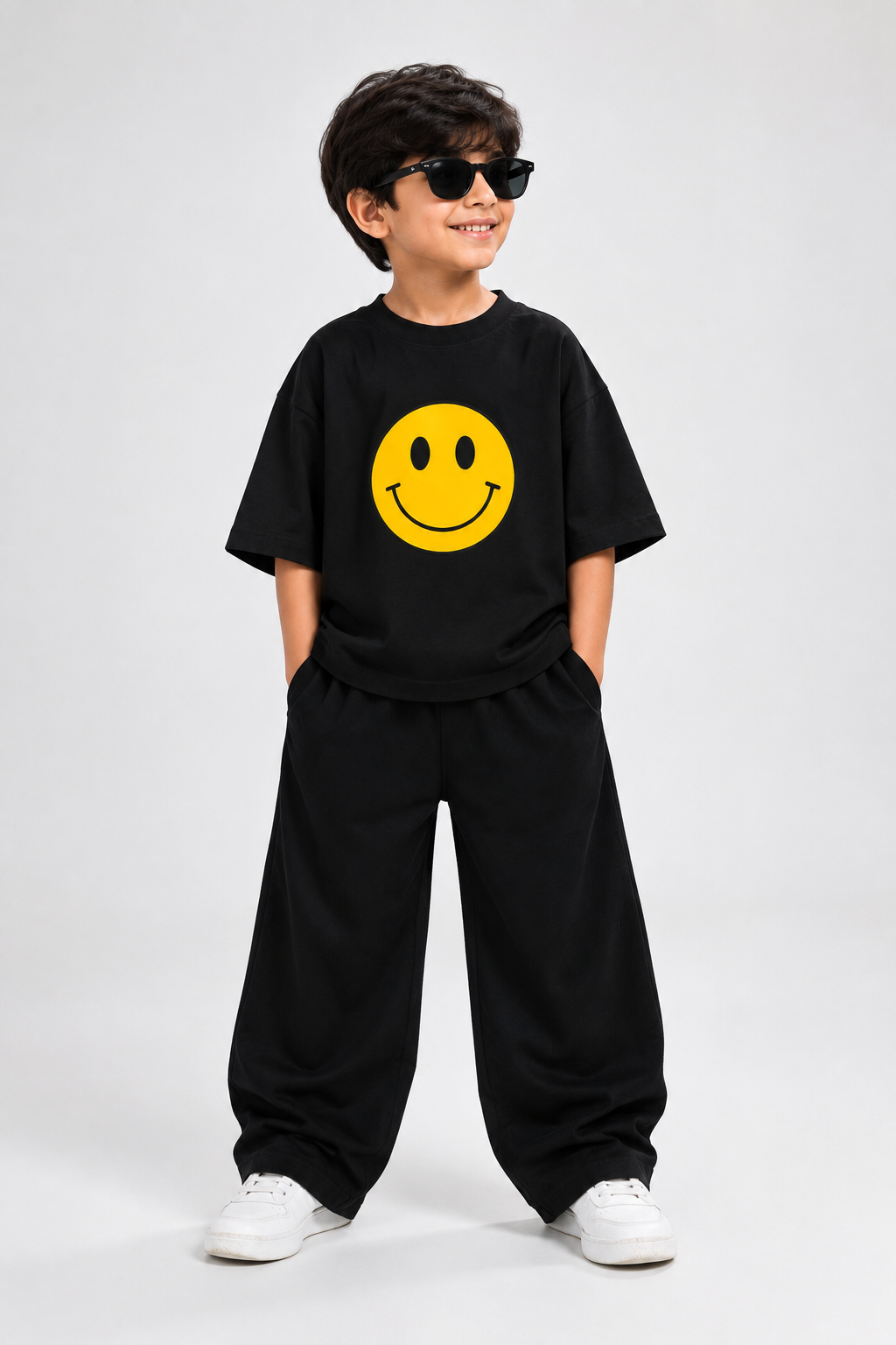 Smiley Face Black Drop-Shoulder T-Shirt &amp; Baggy Pants Set