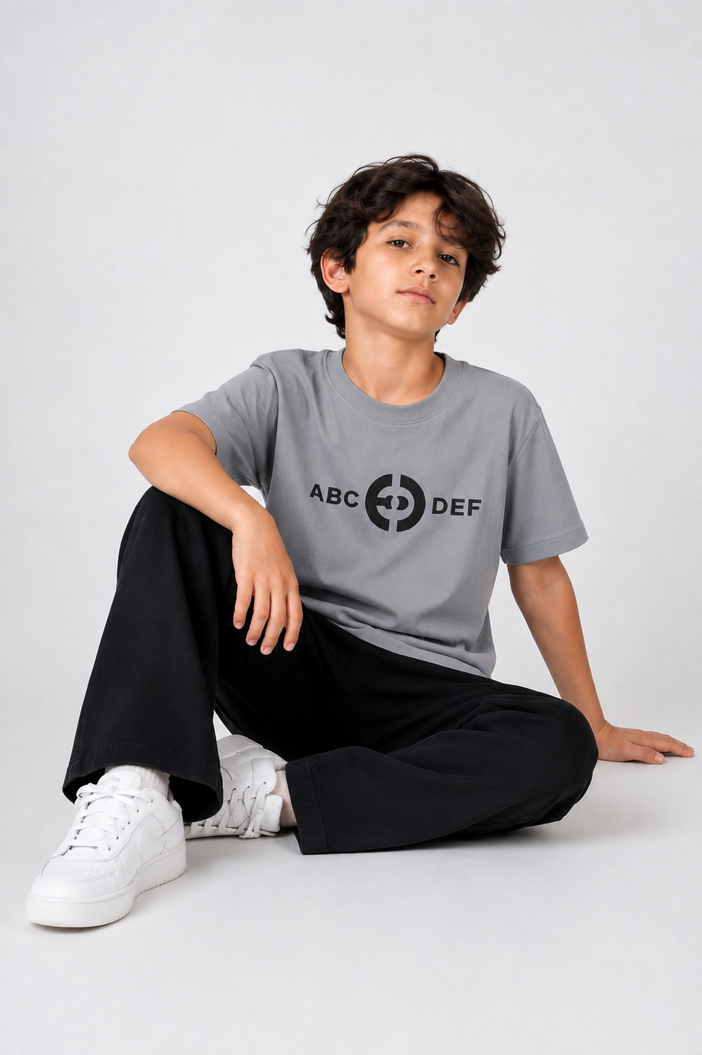 Boys Grey ABC Graphic T-Shirt with Black Wide-Leg Trousers