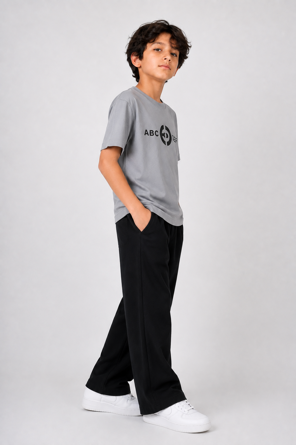 Boys Grey ABC Graphic T-Shirt with Black Wide-Leg Trousers