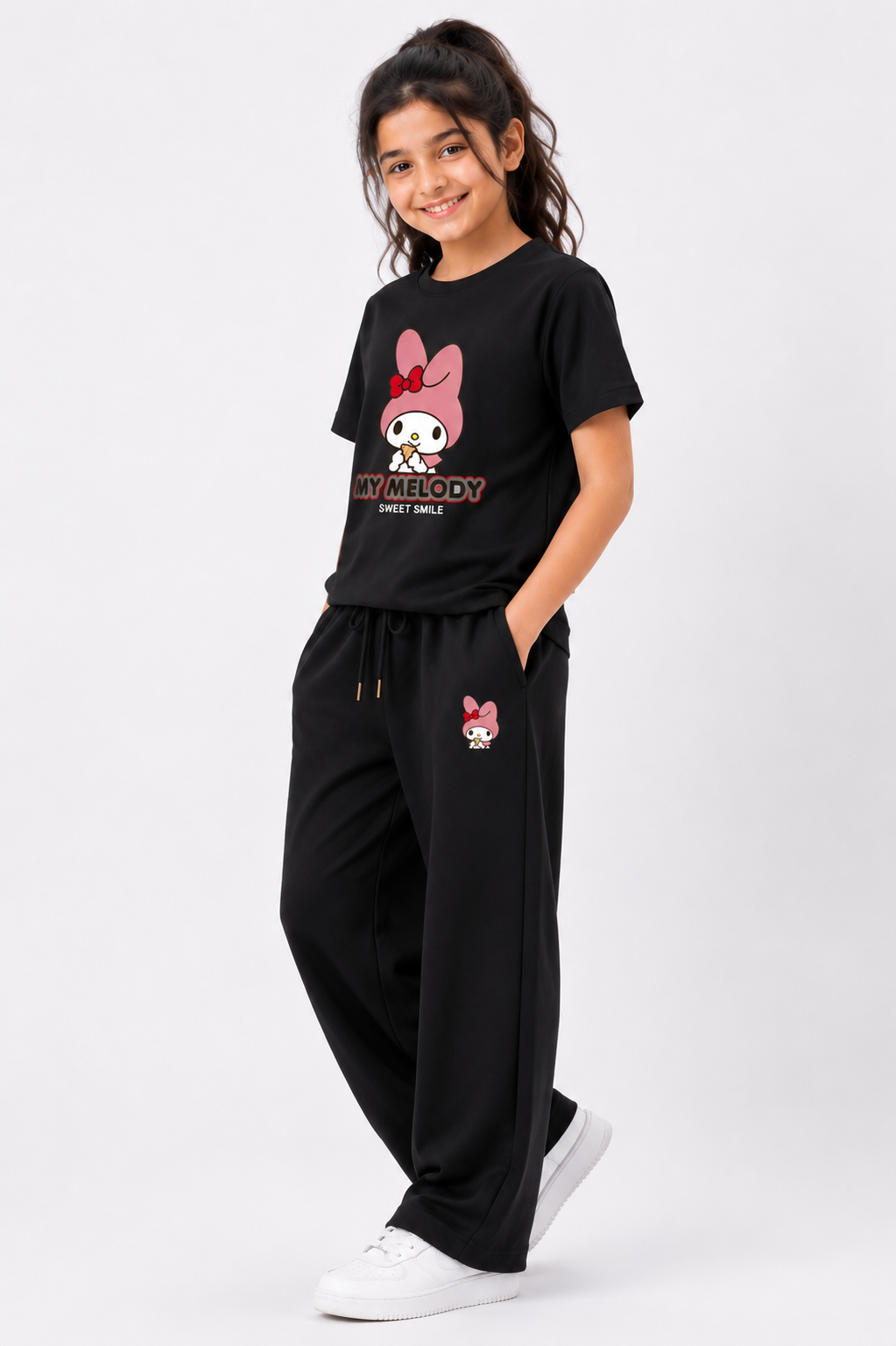 Girls Black My Melody Graphic T-Shirt &amp; Wide Leg Trouser Co-Ord Set
