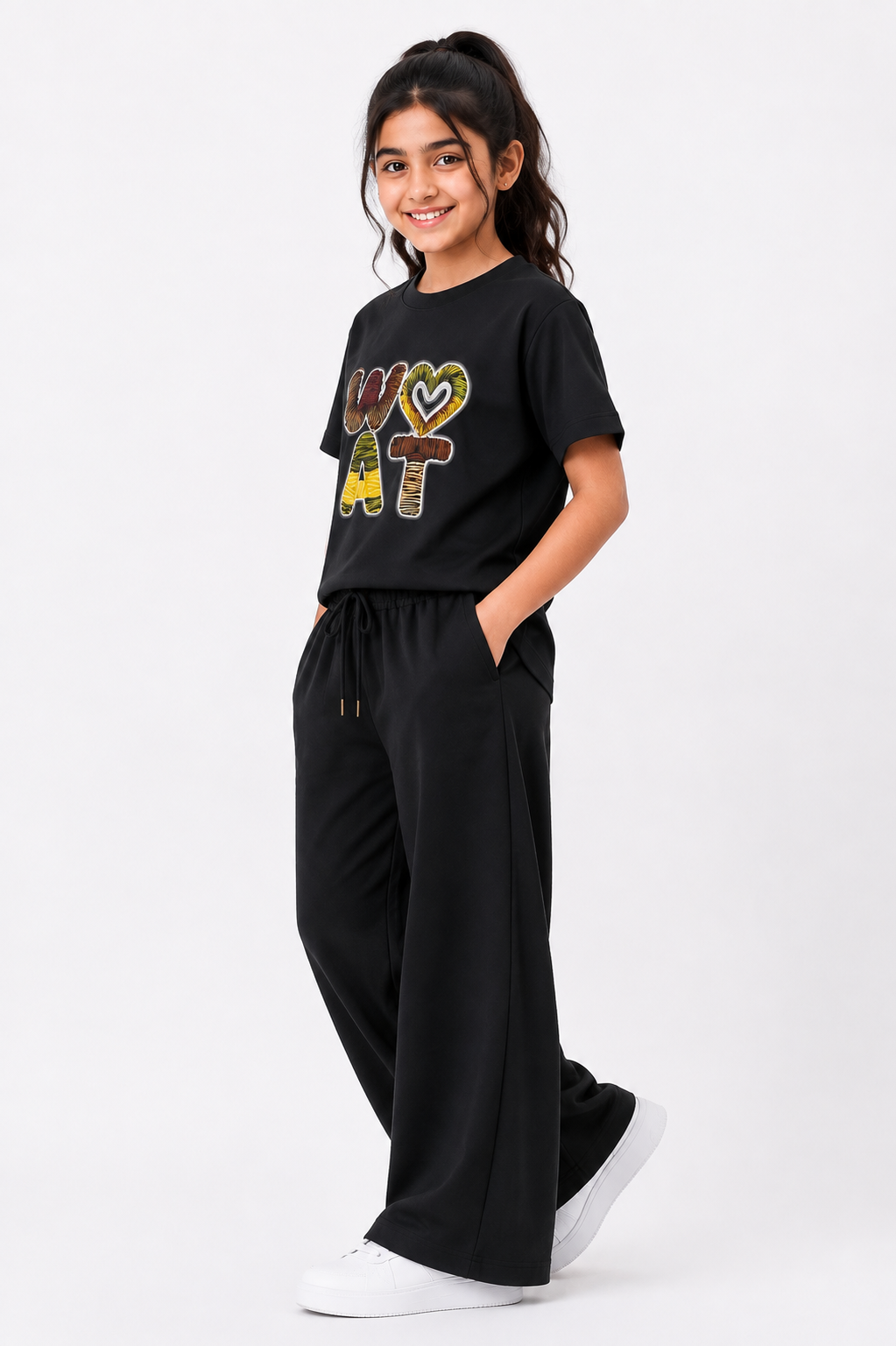 Girls Matte Black WOAT Graphic T-Shirt & Wide Leg Trouser
