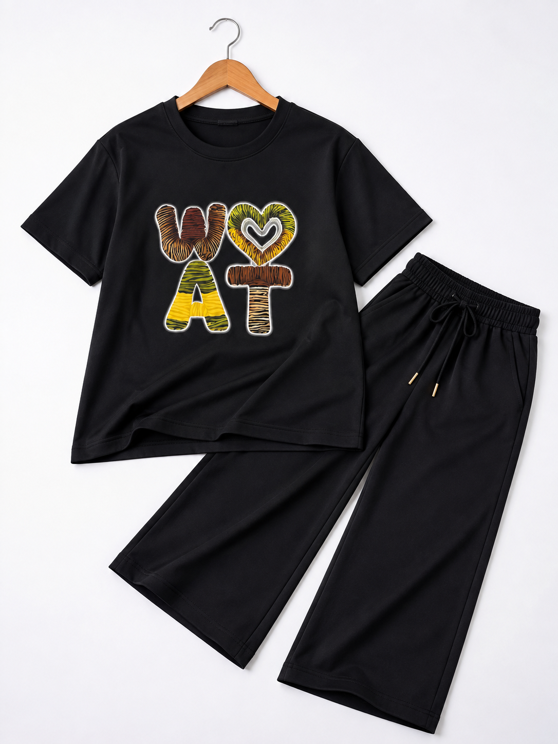 Girls Matte Black WOAT Graphic T-Shirt &amp; Wide Leg Trouser