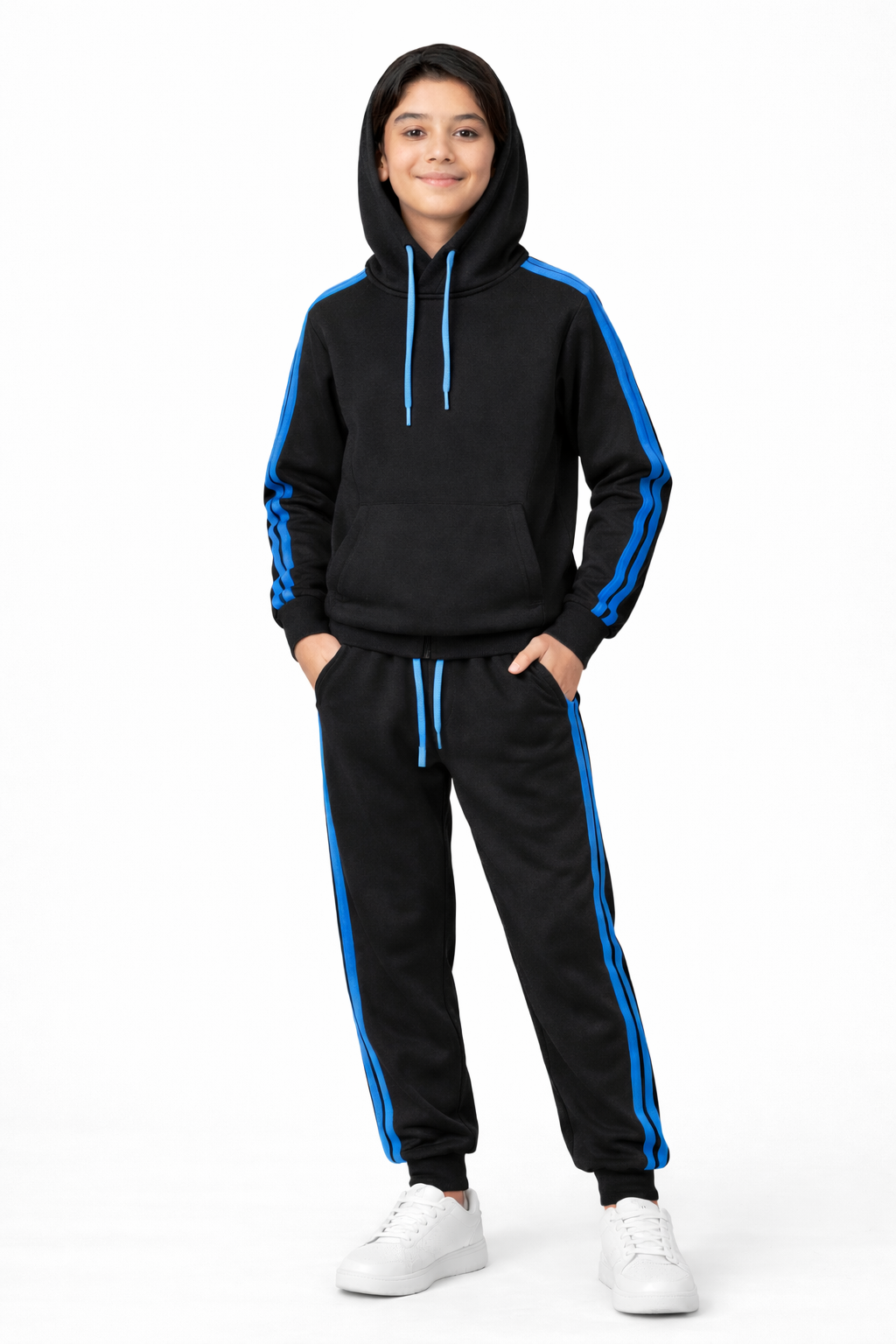 Kids Black & Blue Fleece Tracksuit Set – Hoodie Joggers