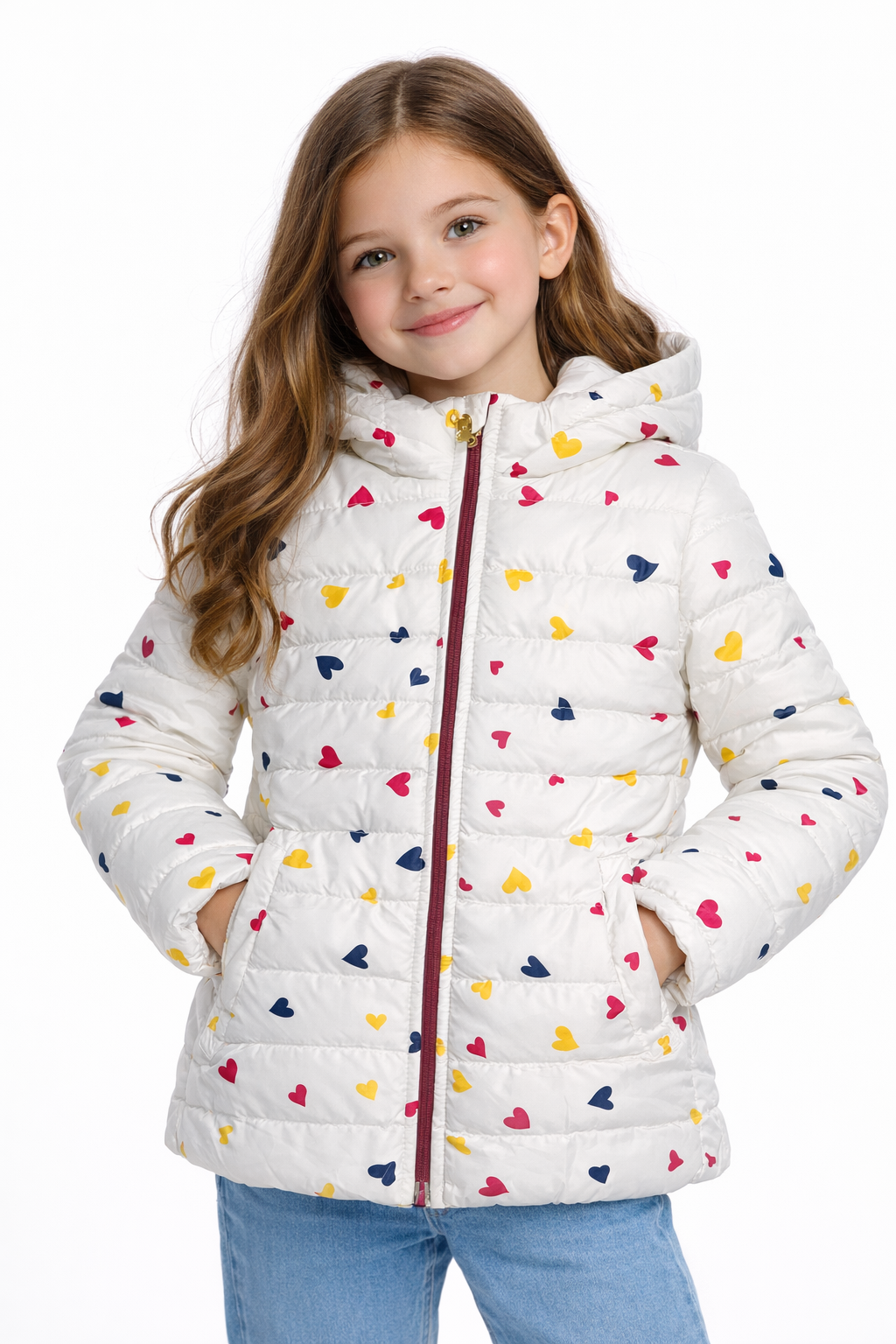 Girls’ Winter Puffer Jacket – White Quilted jacket with Multicolor Heart Print
