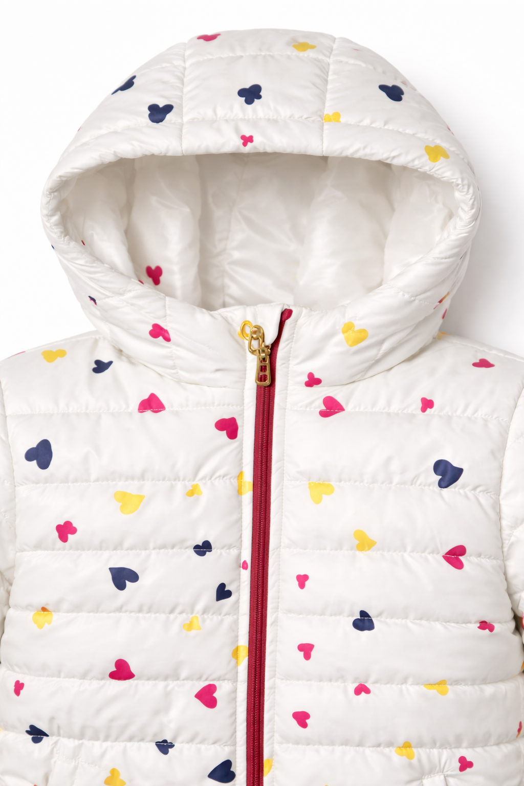 Girls’ Winter Puffer Jacket – White Quilted jacket with Multicolor Heart Print