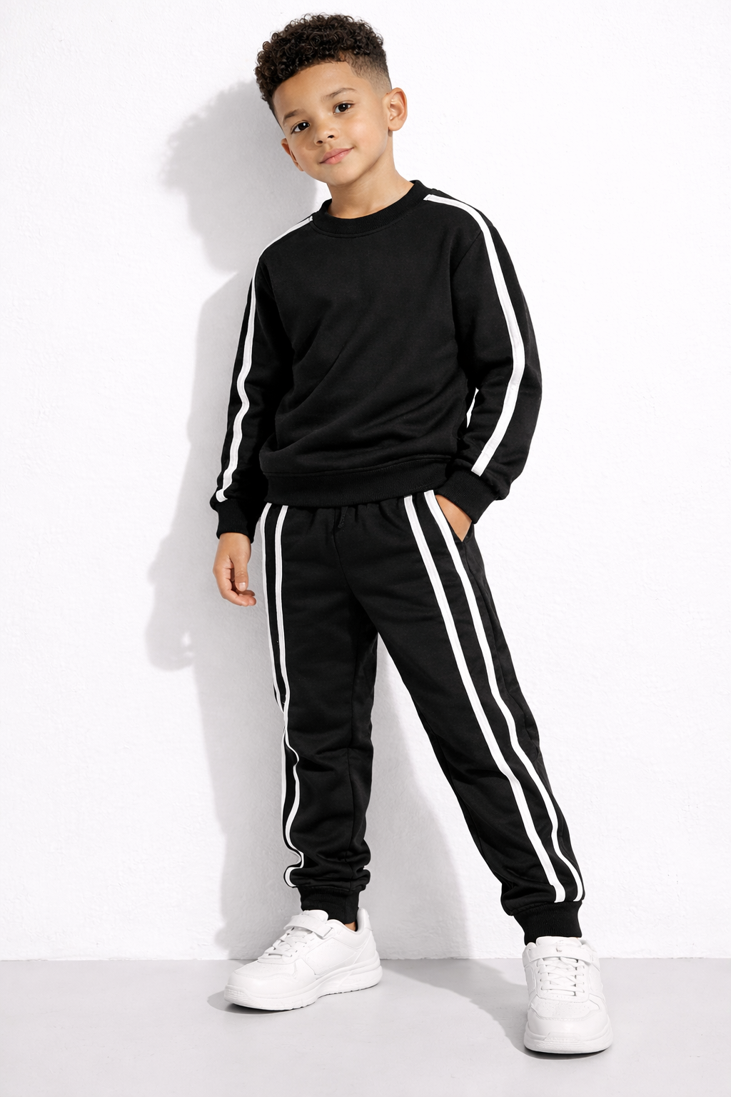 Kids Black Tracksuit Set with White Side Stripes – Full Sleeve Sweatshirt &amp;amp; Joggers