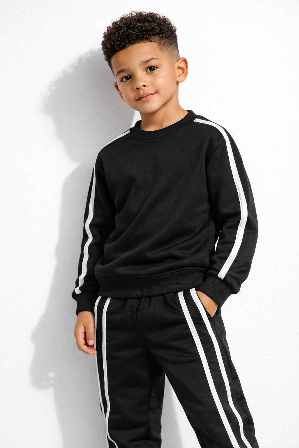 Kids Black Tracksuit Set with White Side Stripes – Full Sleeve Sweatshirt &amp; Joggers