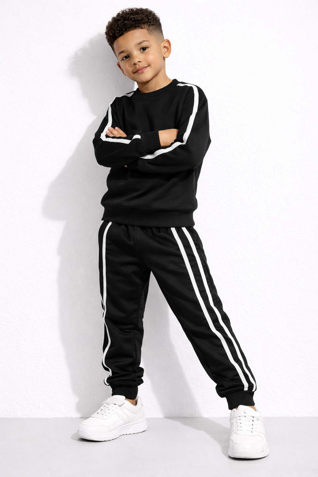 Kids Black Tracksuit Set with White Side Stripes – Full Sleeve Sweatshirt &amp; Joggers