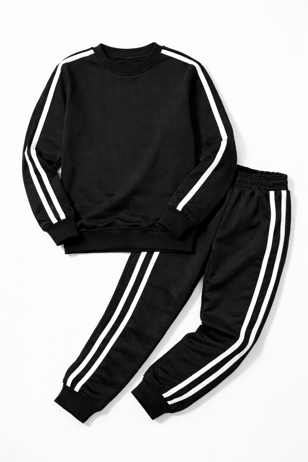 Kids Black Tracksuit Set with White Side Stripes – Full Sleeve Sweatshirt &amp; Joggers