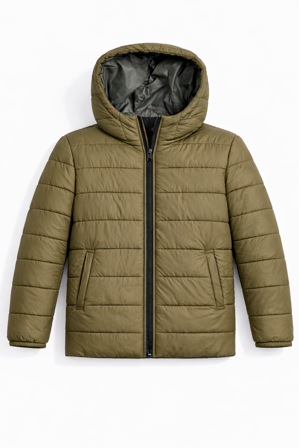 Kids Olive Green Hooded Puffer Jacket – Winter Wear