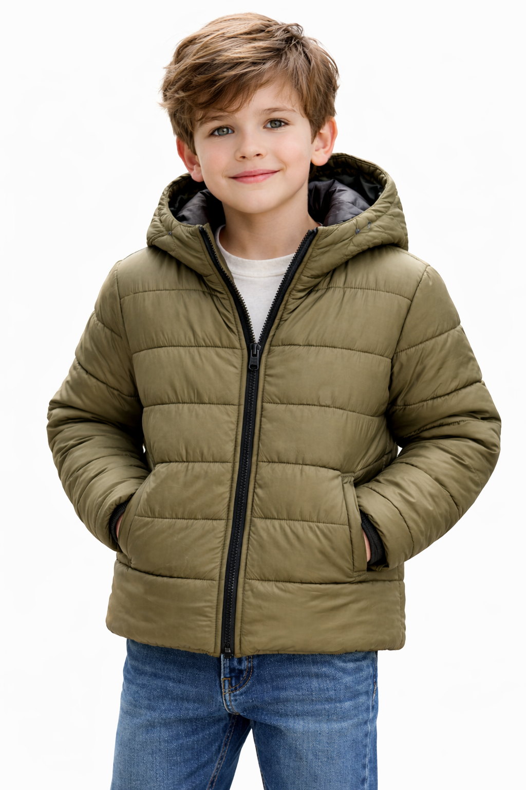 Kids Olive Green Hooded Puffer Jacket – Winter Wear