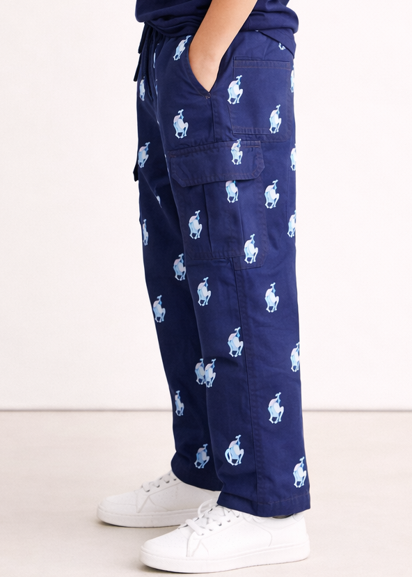 Kids Navy Blue Printed Cargo Pants