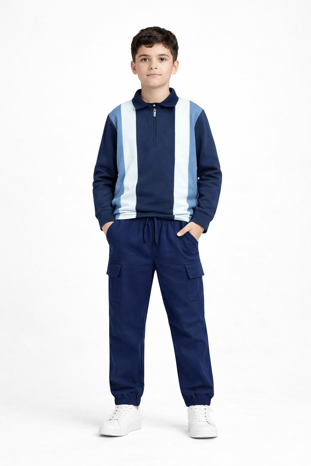 Vertical stripe Polo Shirt with Navy Cargo Trouser