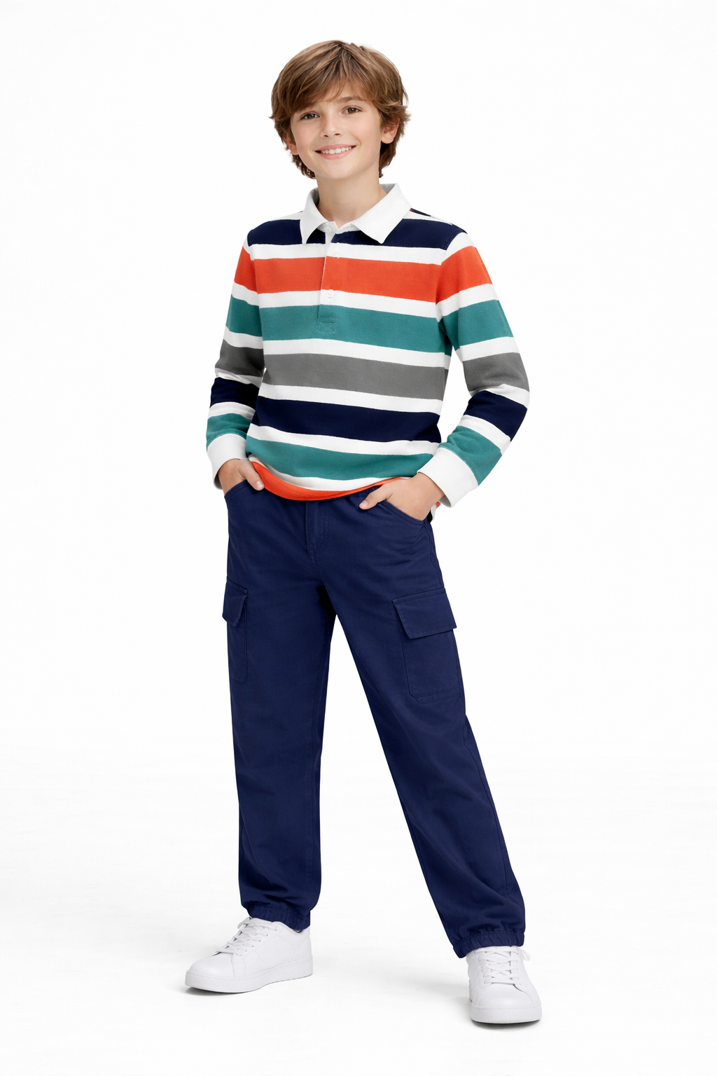 Bold Stripes Polo Shirt with Navy Cargo Trouser