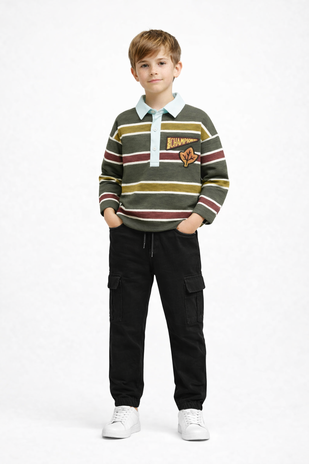 Champion Patch Polo Shirt with Black Cargo Trouser