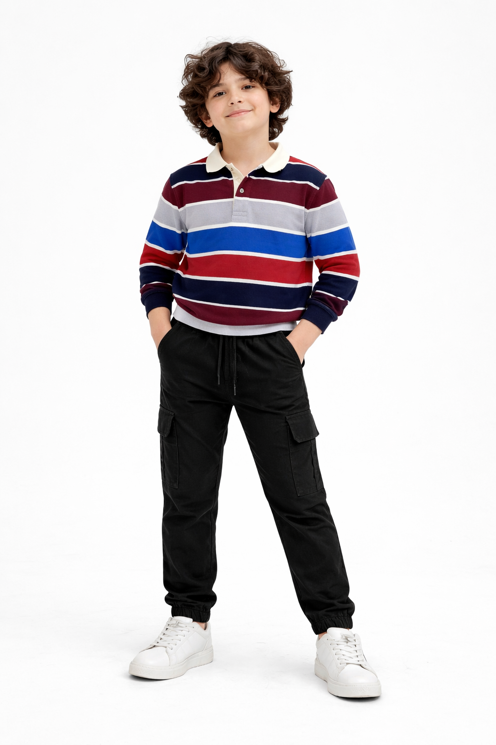 Multiple Stripe Polo Shirt with Black Cargo Trouser