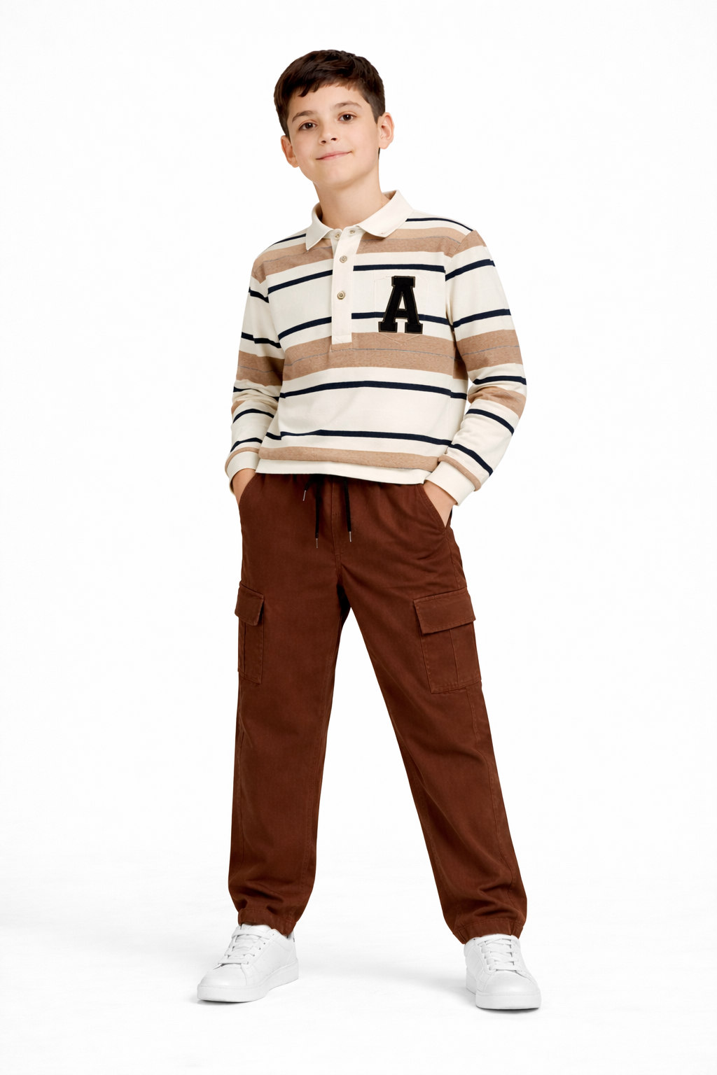 Letter Patch Polo Shirt with Brown Cargo Trouser